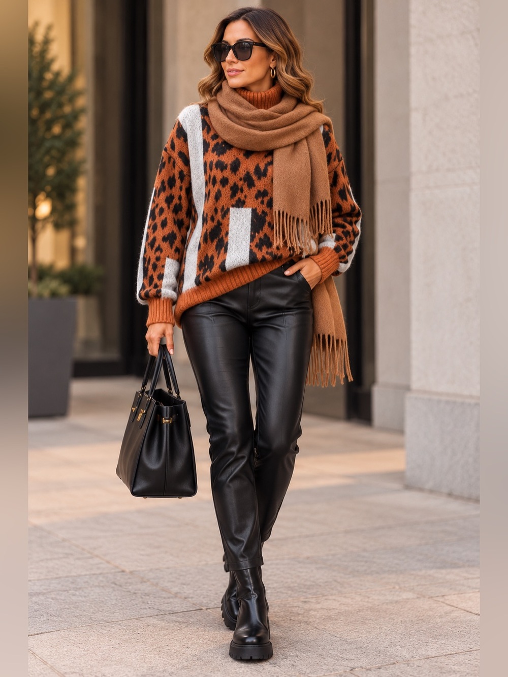 Leopard-Print Turtleneck Sweater in Camel leopard print size Large